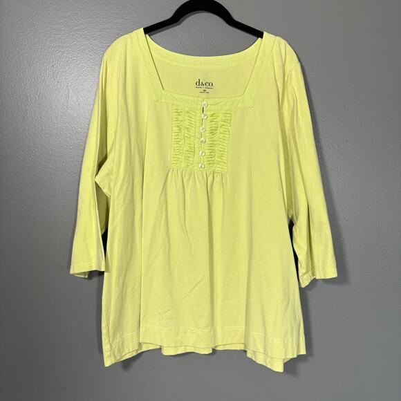 D & Co Yellow Green Pleated Front Boho Minimalist Top - 2X - Women's Plus Size - Picture 1 of 7